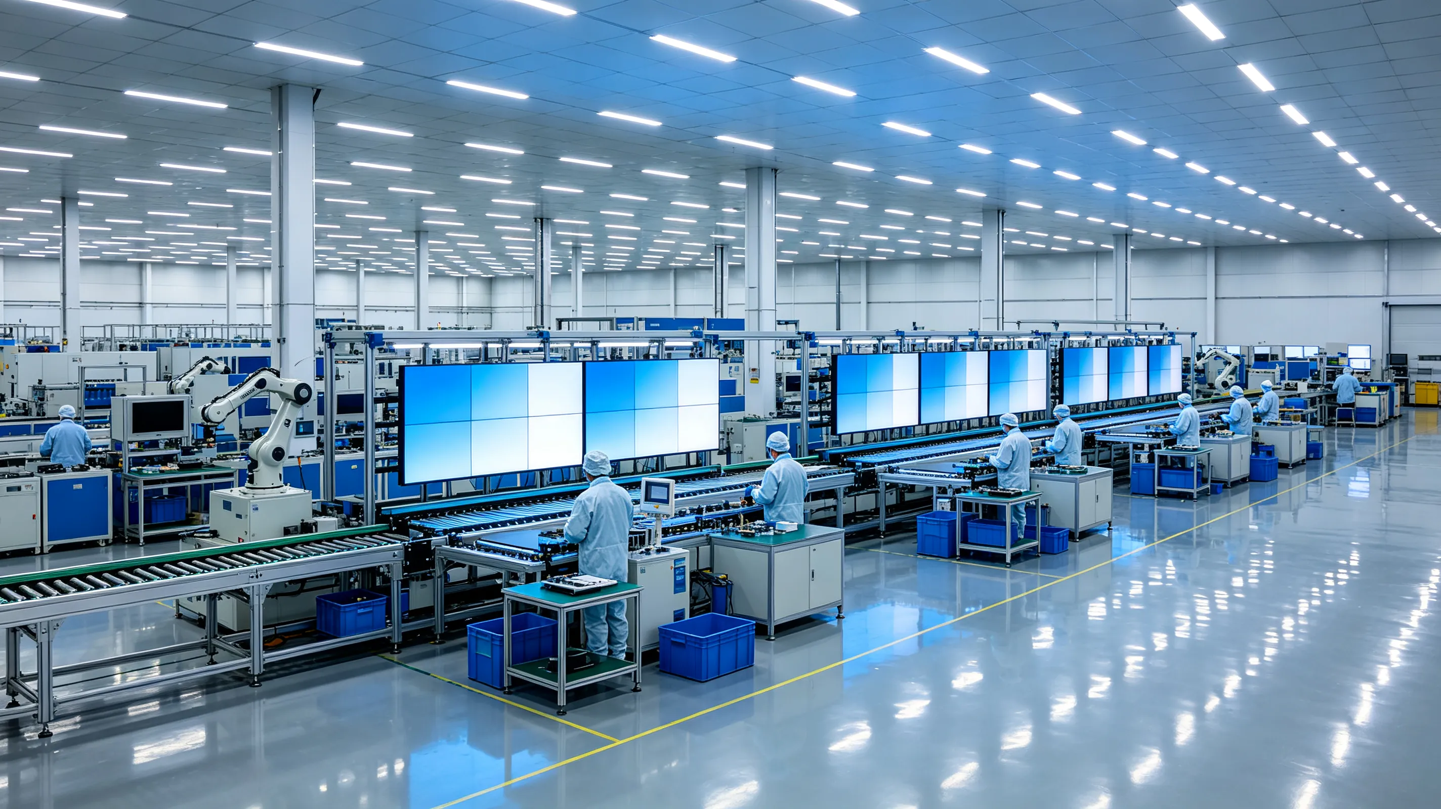 LCD video wall factory manufacturing capabilities — SMT assembly, panel calibration, aging testing, and quality control for commercial display projects