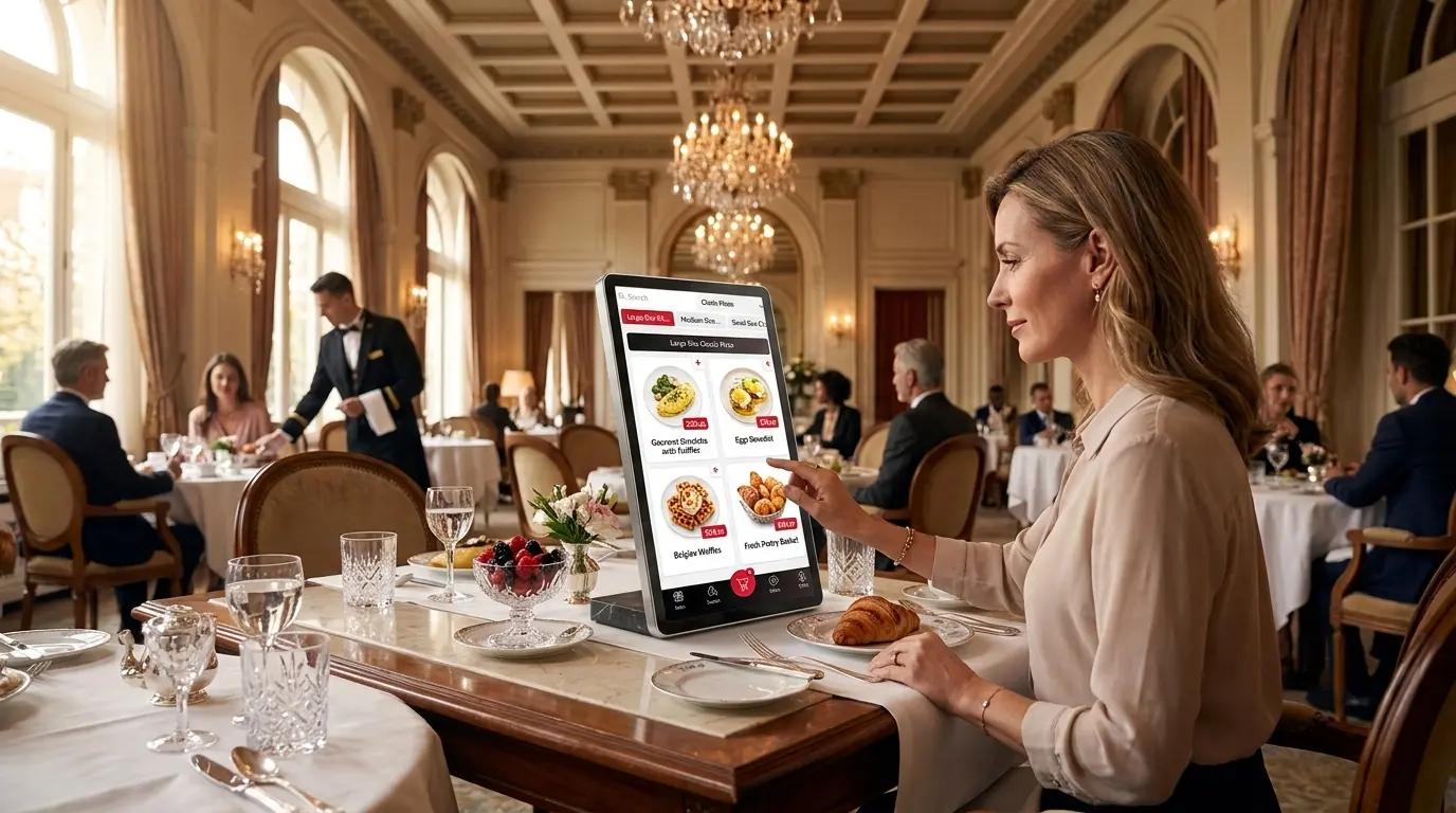 Hotel guest using tabletop ordering display at restaurant table
