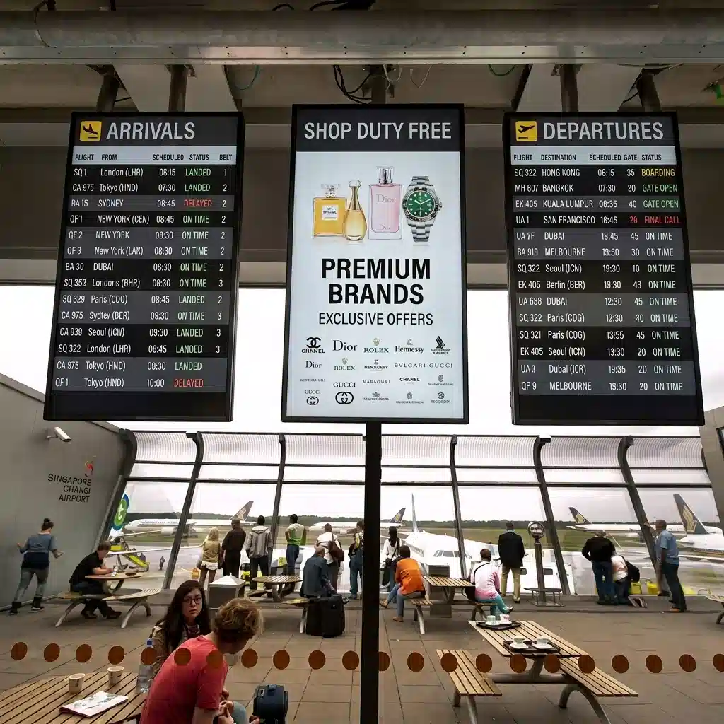Wall mounted lcd digital signage for passenger information at Singapore Changi Airport retail zone