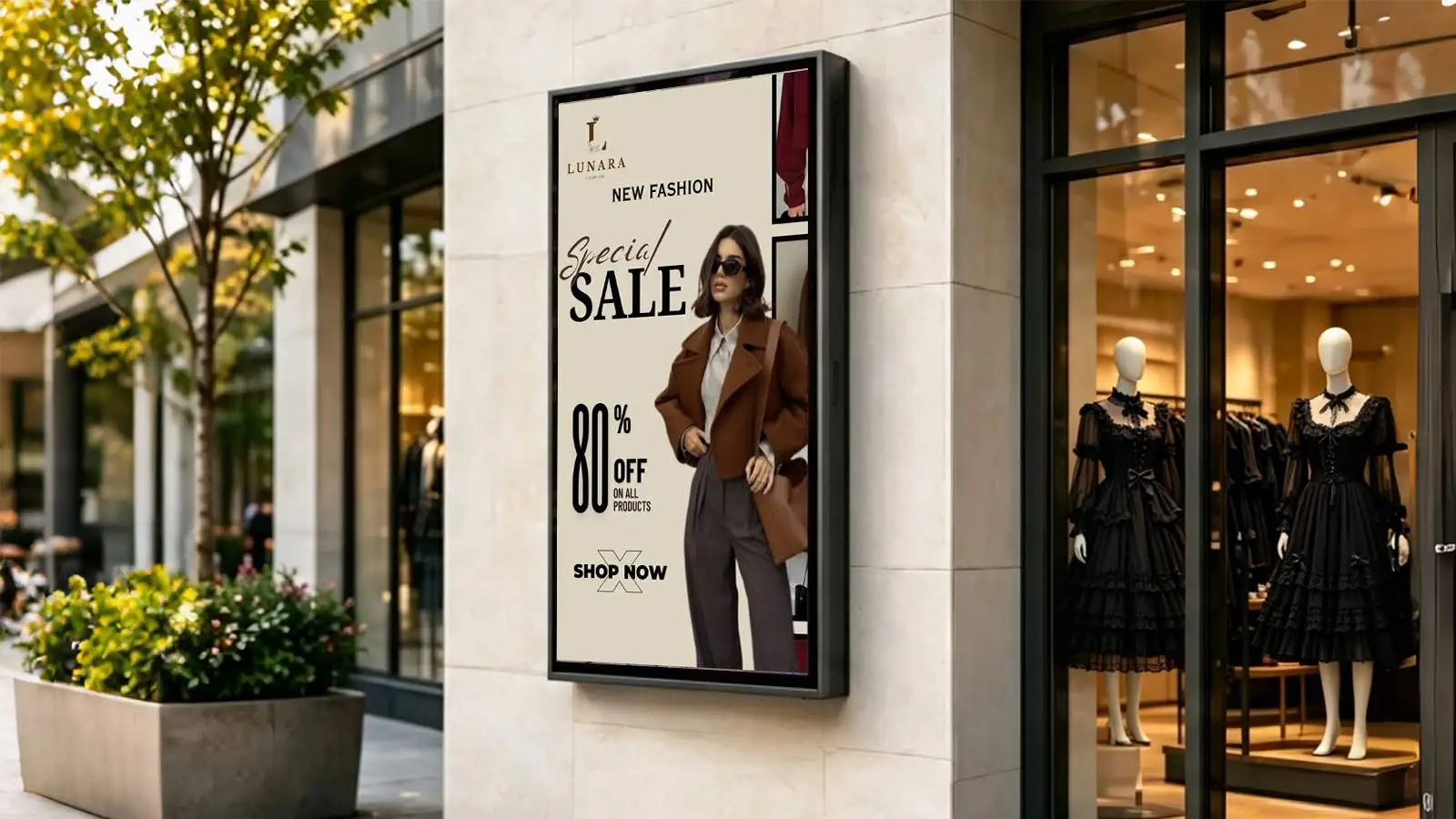 Retail store front summer sale advertising screen real scene
