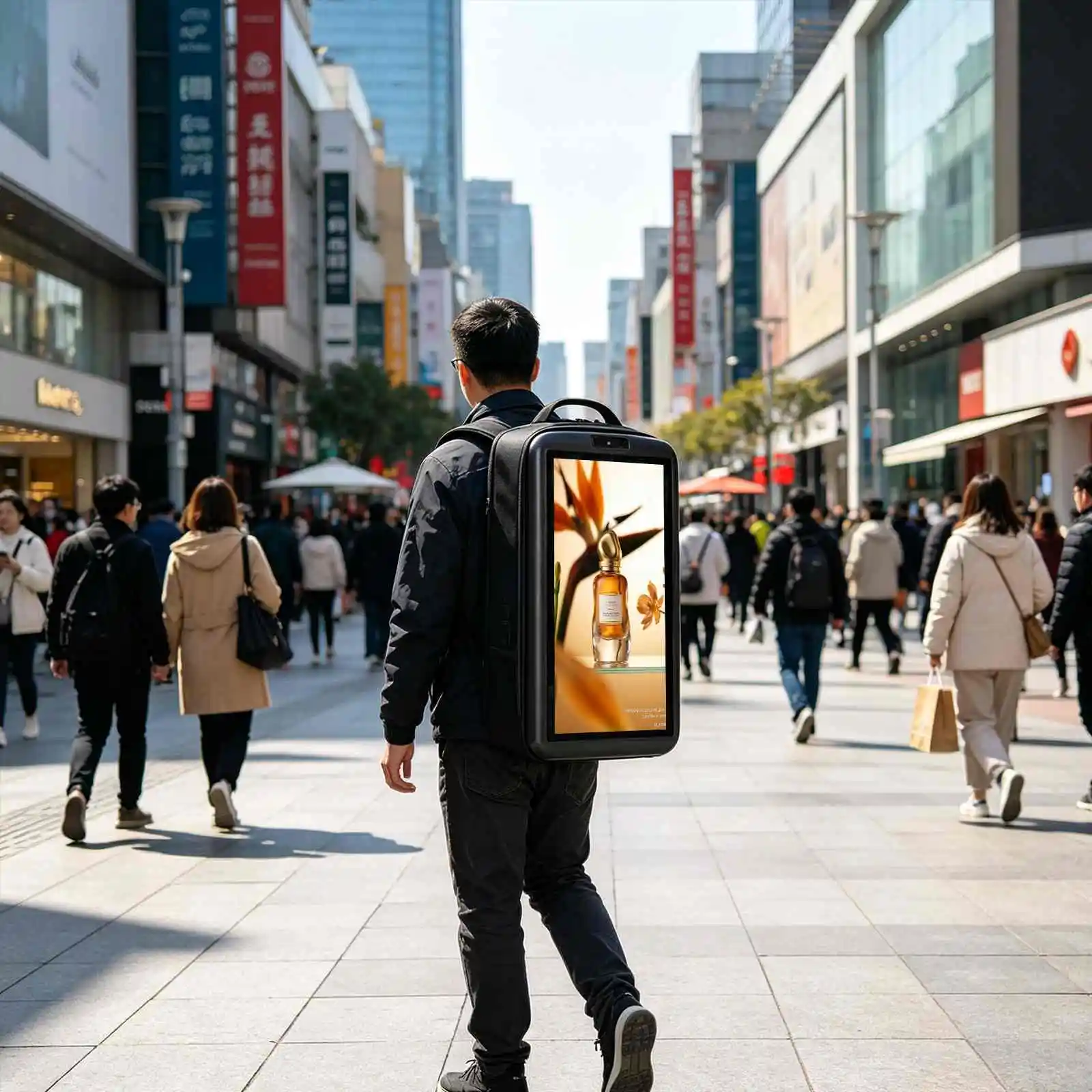 Qtenboard backpack advertising display retail store street promotion scenario