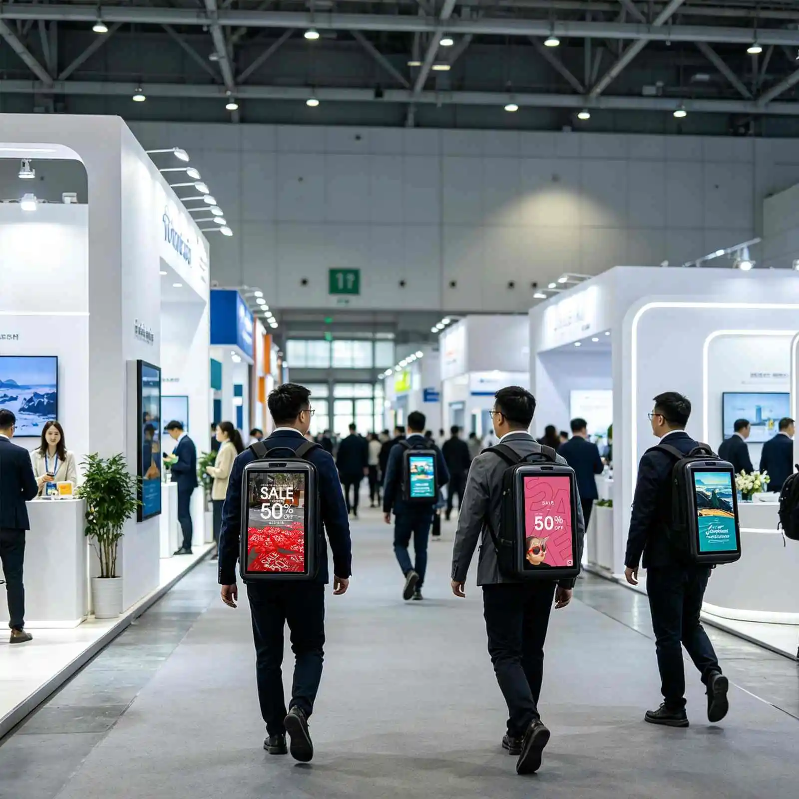 Qtenboard backpack advertising display exhibition hall trade show scenario