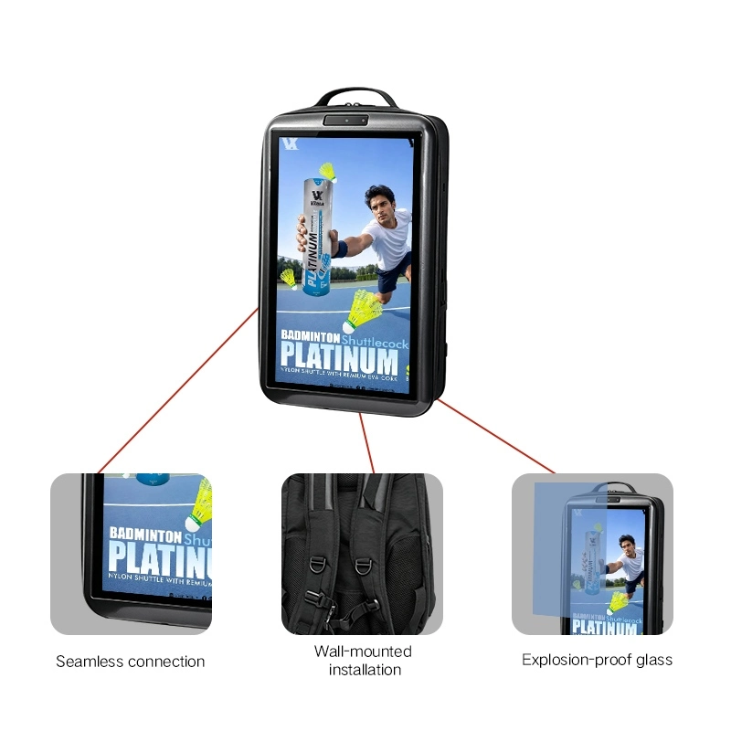 Qtenboard backpack ad screen features: seamless connection, wall‑mount installation, explosion‑proof glass, portable wearable walking billboard for street & exhibition marketing