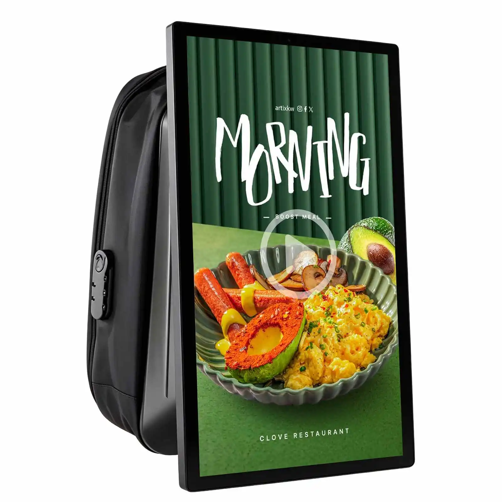 Qtenboard backpack ad display multiple functions picture video words timing split‑screen whiteboard wifi touch plug and play