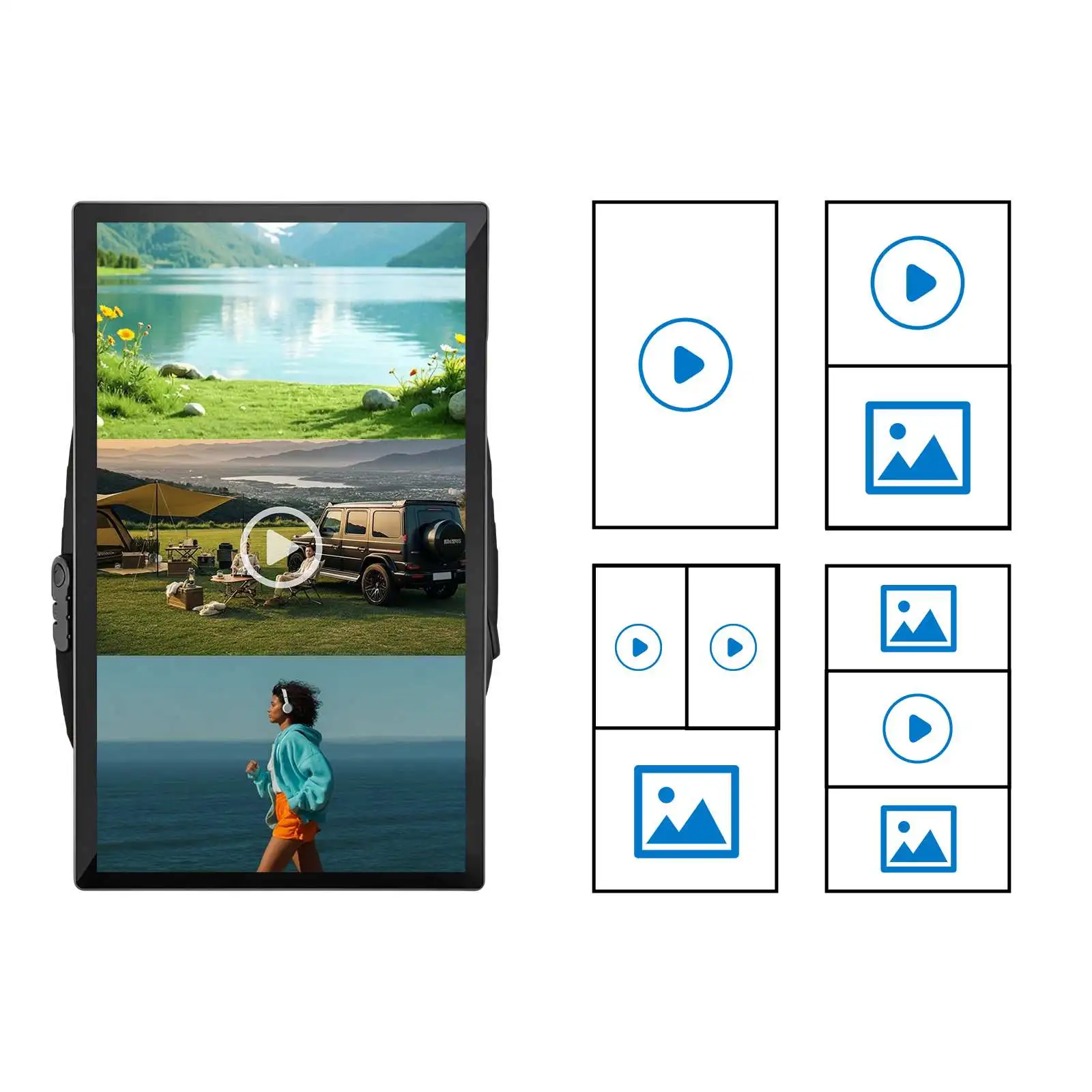 Qtenboard intelligent split‑screen display for backpack advertising machine, multiple content layout modes
