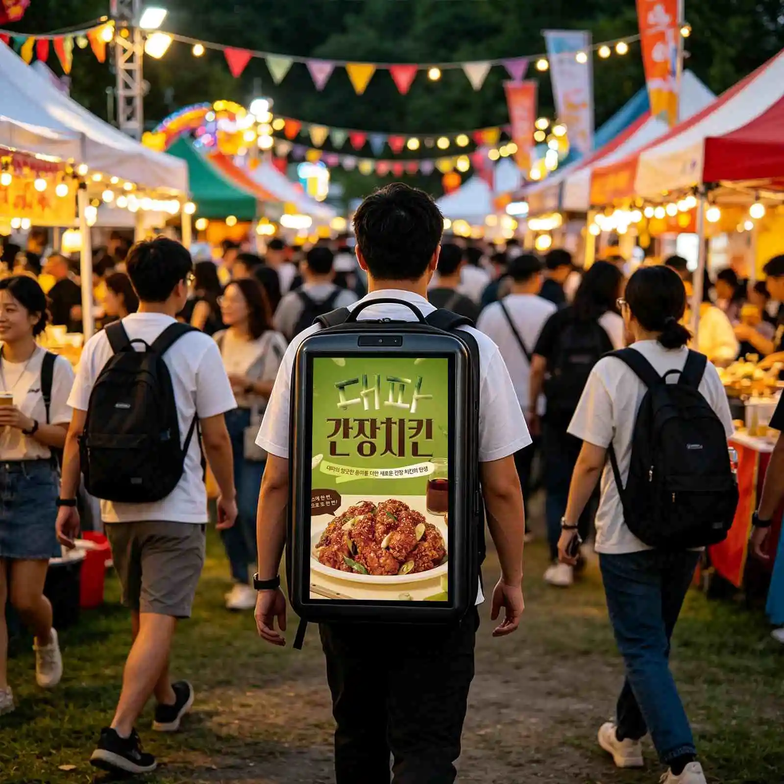 Qtenboard backpack advertising display night market promotion scenario