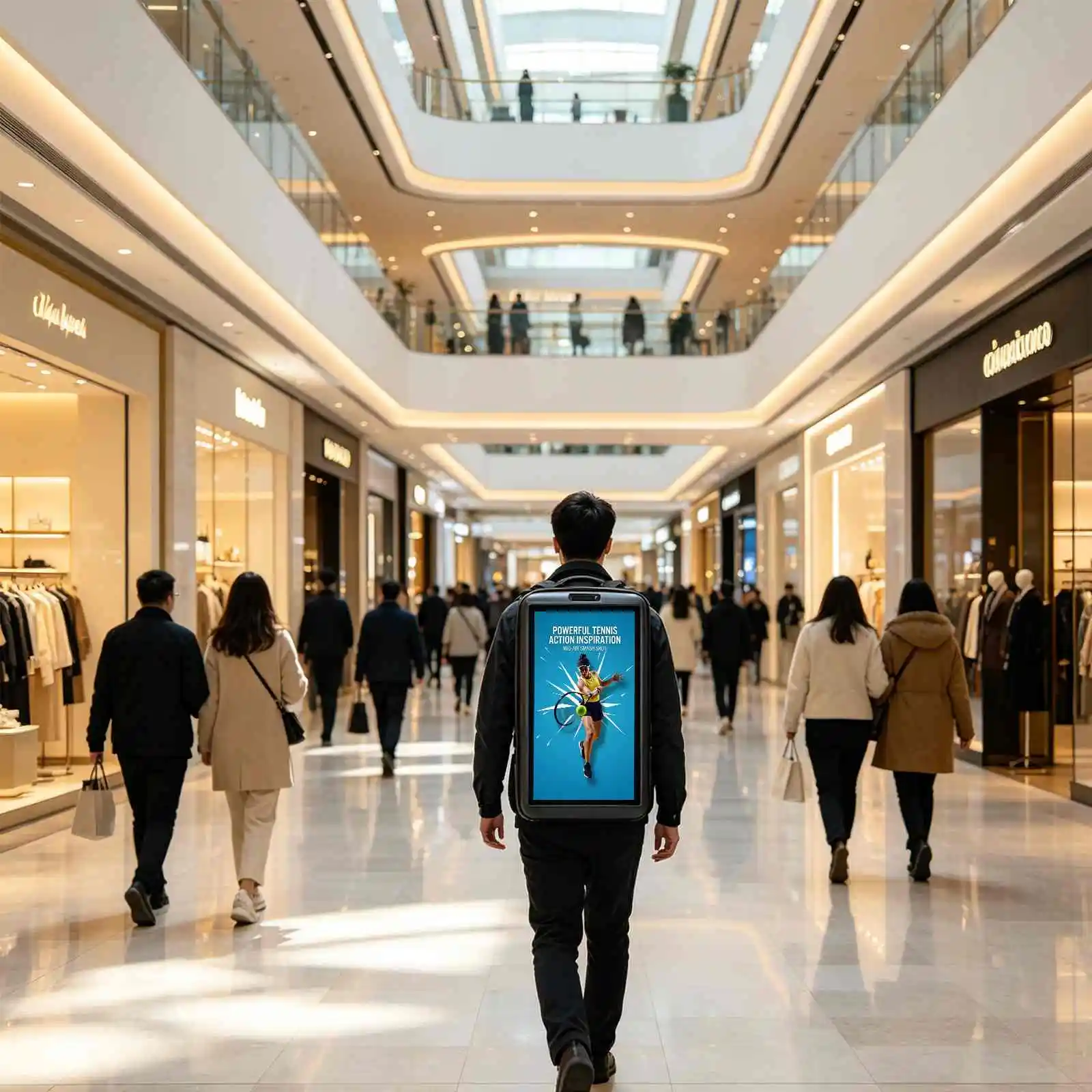 Qtenboard backpack advertising display shopping mall marketing scenario