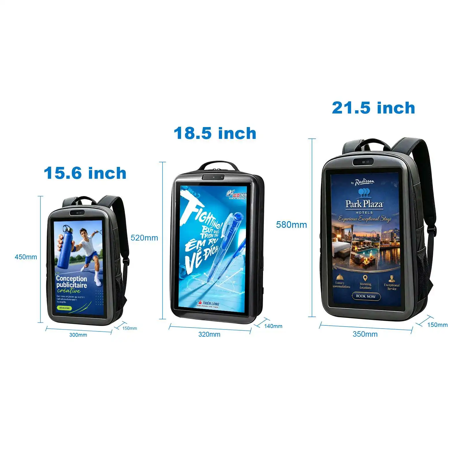 Qtenboard backpack advertising display optional size 15.6 inch 18.5 inch 21.5 inch dimension drawing