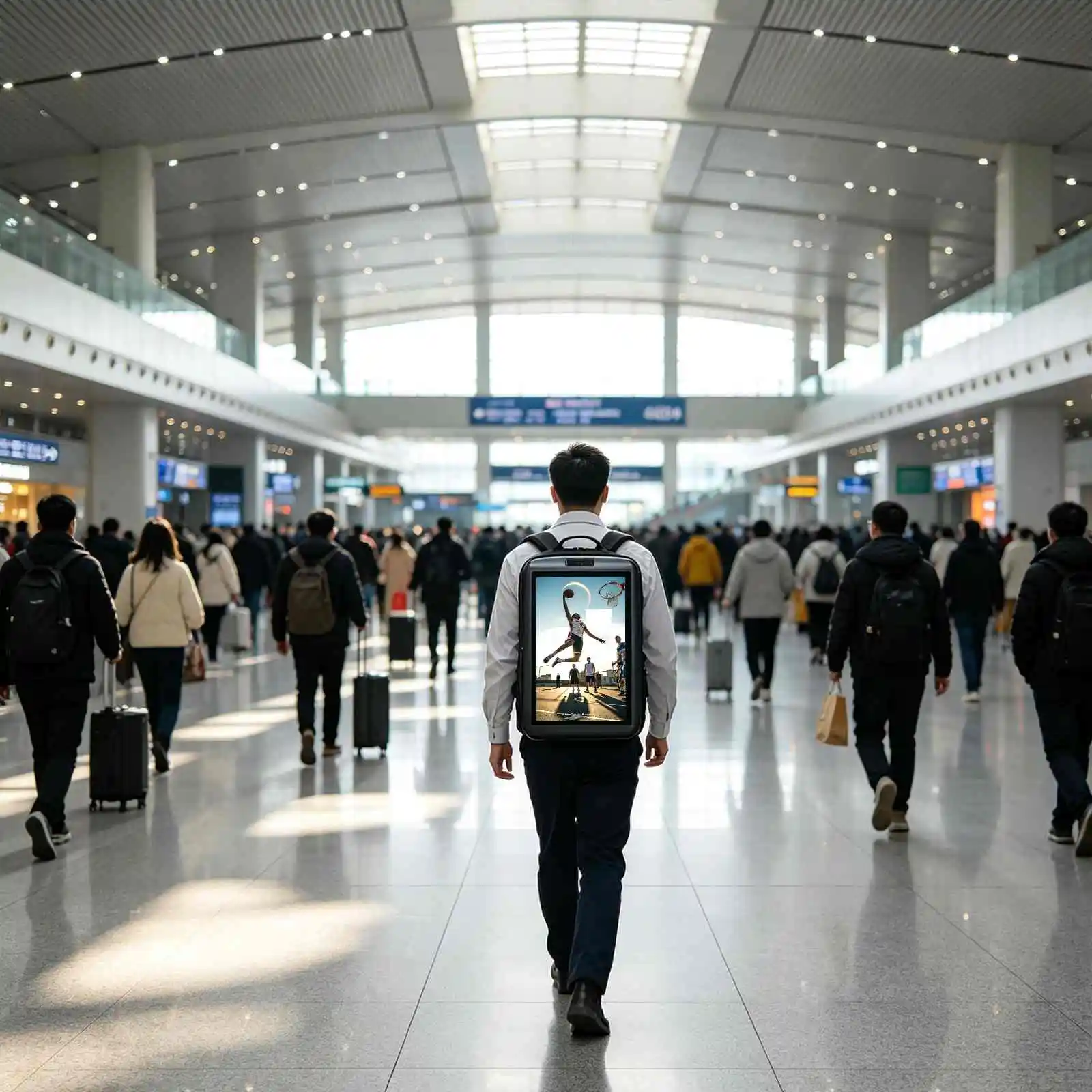Qtenboard backpack advertising display station crowd publicity scenario