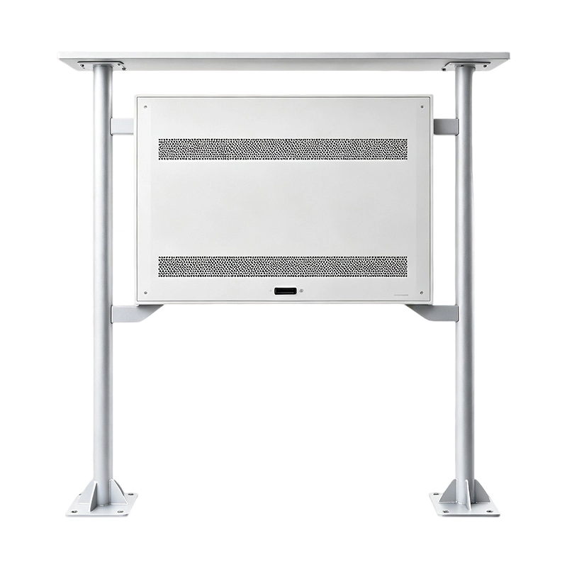Back view of Qtenboard outdoor bus shelter digital signage with ventilation cooling housing and double‑pole mounting bracket