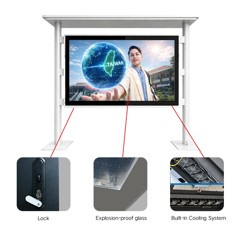 Qtenboard bus‑stop digital signage structural diagram: security lock, explosion‑proof tempered glass, built‑in air cooling system