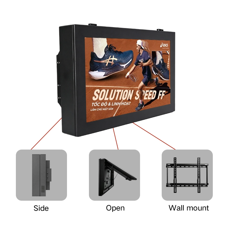 Outdoor wall mount digital signage showing side profile, open maintenance structure and wall mounting bracket installation method