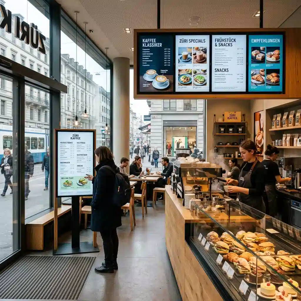 Wall mounted menu board digital signage for chain restaurant Zurich Switzerland