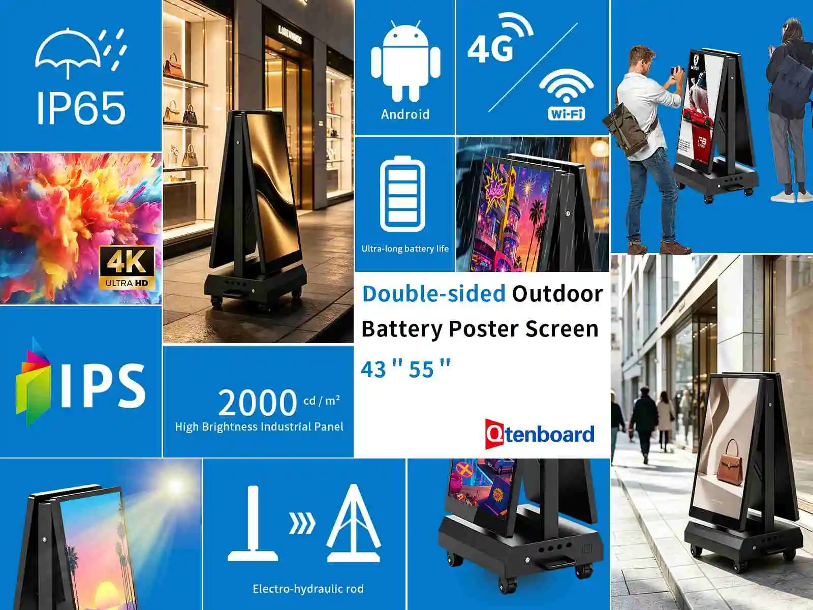 Qtenboard double‑sided outdoor battery digital poster all features showcase