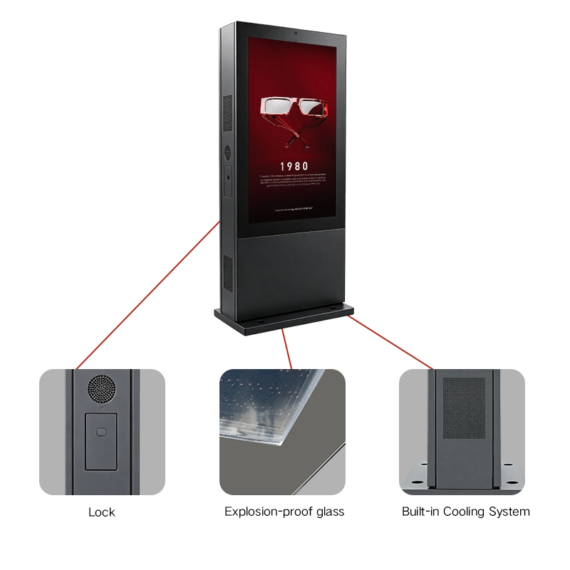 Qtenboard double‑sided outdoor kiosk key components: security lock, explosion‑proof glass, built‑in cooling system