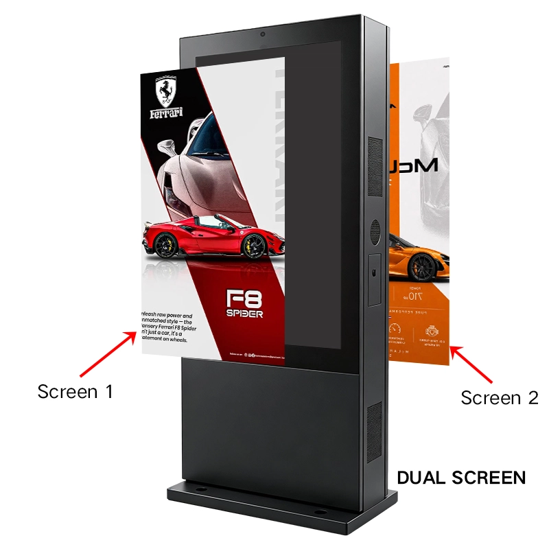 Qtenboard floor standing double‑sided outdoor digital kiosk dual independent display screens demonstration