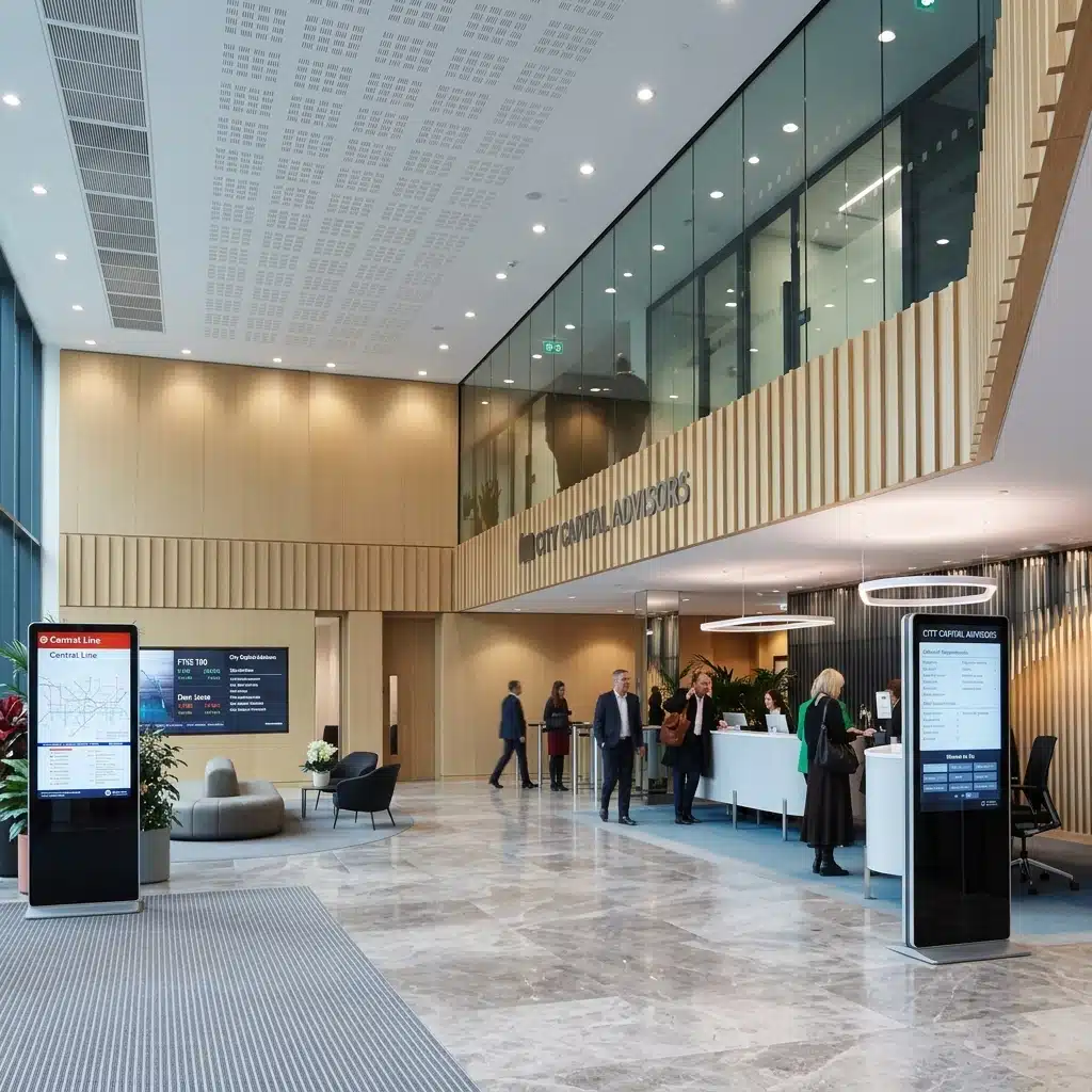 Touch screen digital signage for service guide inside London commercial bank lobby