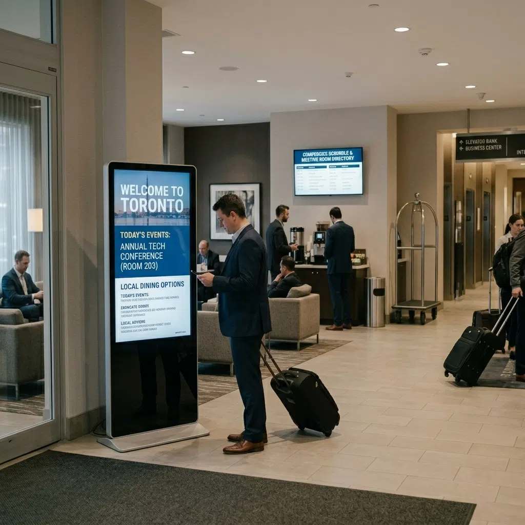 Horizontal wall digital signage for hotel welcome & event promotion Toronto Canada