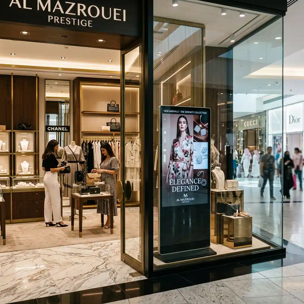 Ultra slim vertical digital signage for luxury boutique inside Dubai shopping mall