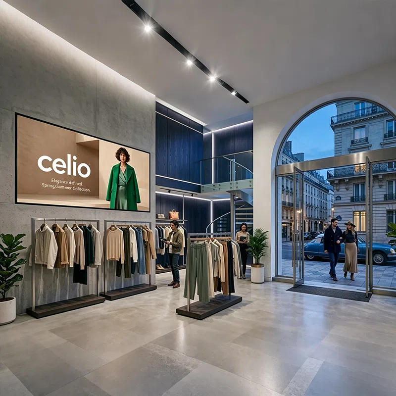 Wall-mounted advertising screen above clothing displays inside a shopping mall fashion store