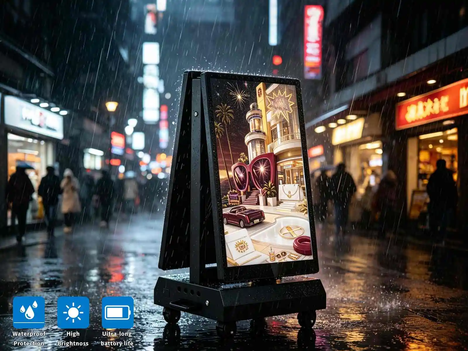 Qtenboard portable weatherproof outdoor battery digital signage poster with wheels for events