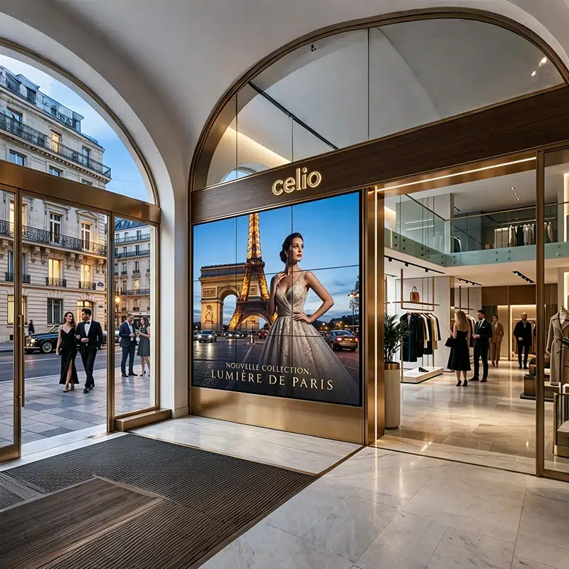 Large 4K video wall display inside a flagship fashion store entrance showing a seasonal campaign