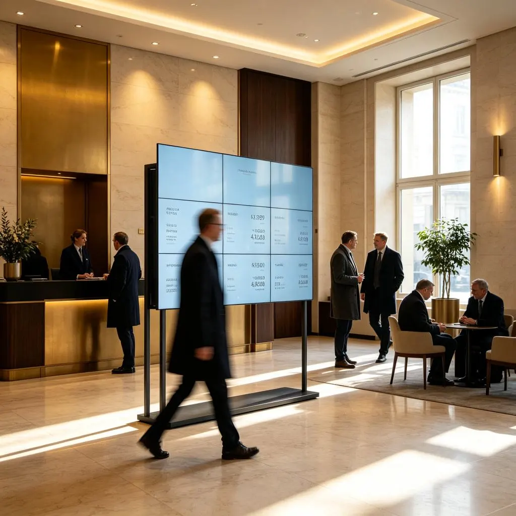 Bank lobby large lcd video wall information display Geneva Switzerland