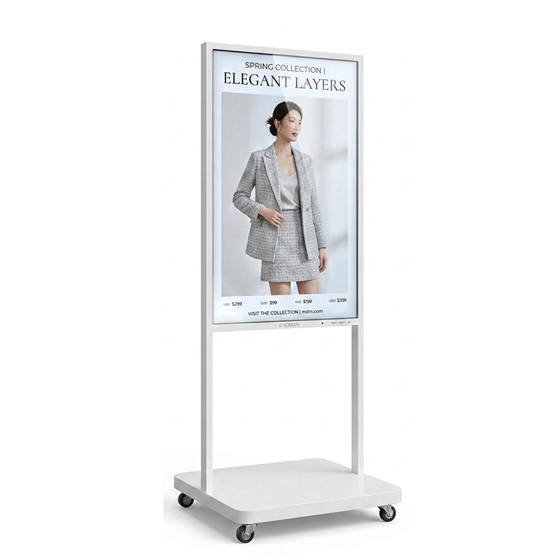 Floor standing digital signage kiosk used in flagship store customer flow points