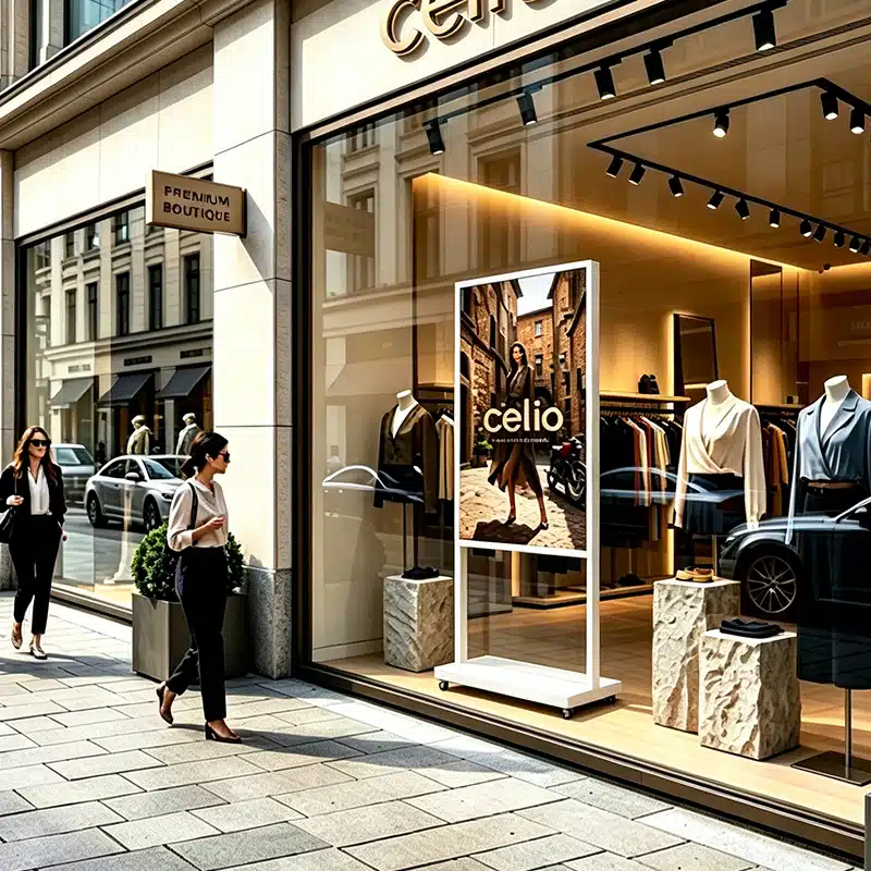 Street-front boutique window with a bright digital signage screen visible from the pavement during daytime