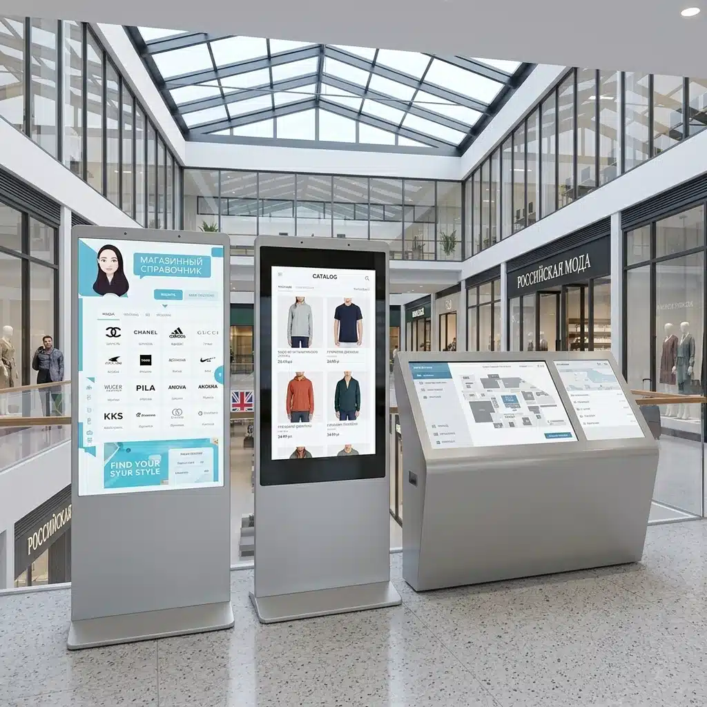 Vertical standee digital signage deployed in shopping mall retail corridor in Los Angeles USA
