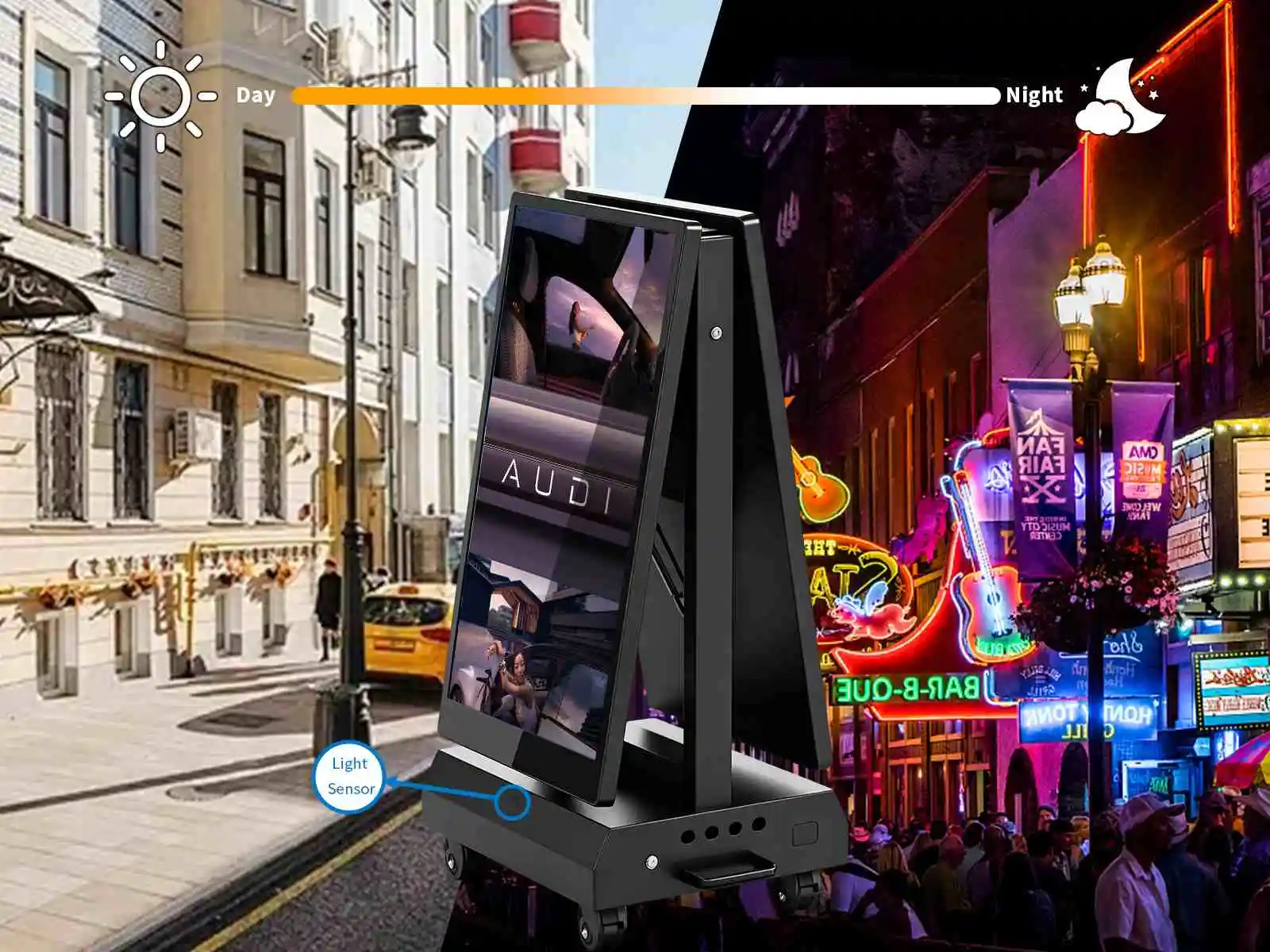 Qtenboard smart ambient light brightness sensor auto‑dimming outdoor digital signage poster