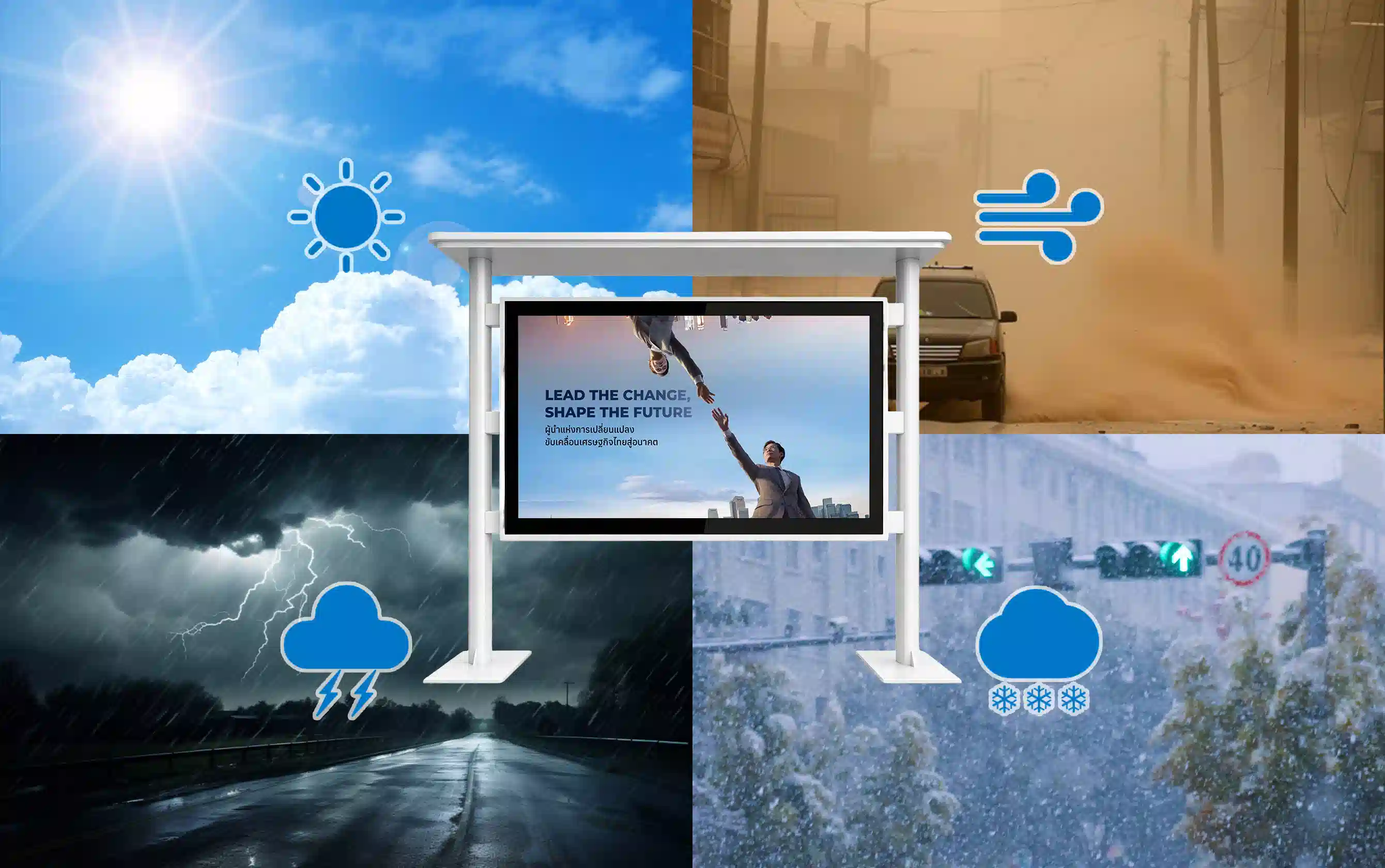 Qtenboard outdoor bus shelter digital signage working in extreme weather rain snow high temperature dust environment