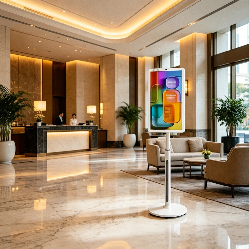 Qtenboard Stand by Me portable mobile TV displayed in hotel lobby Singapore