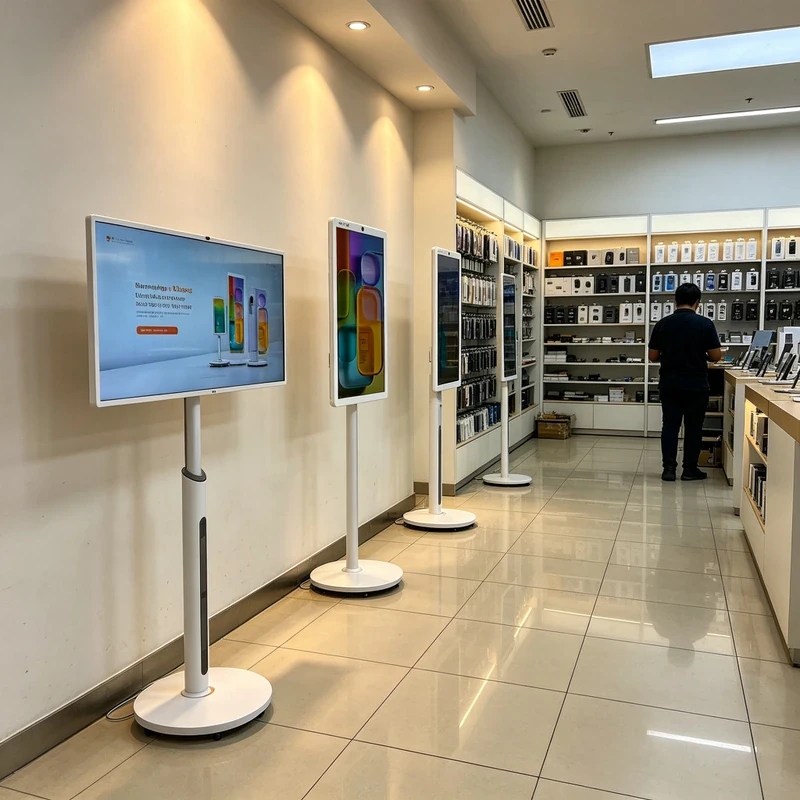 Qtenboard Stand by Me portable smart TV on mobile cart in retail showroom Kuala Lumpur Malaysia