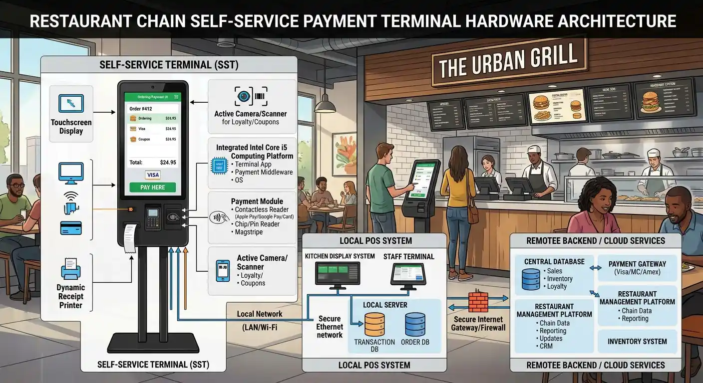 Self-service payment kiosk hardware architecture for restaurant chains