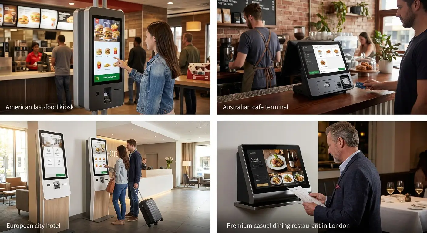 Floor-standing and countertop restaurant self-ordering kiosk hardware for different deployment scenarios