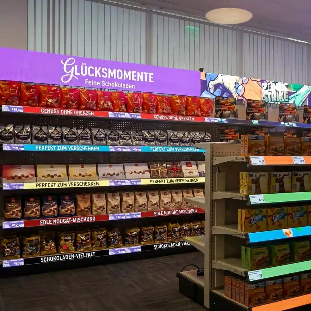 Ultra wide bar lcd digital signage installed on supermarket shelf edge Munich Germany