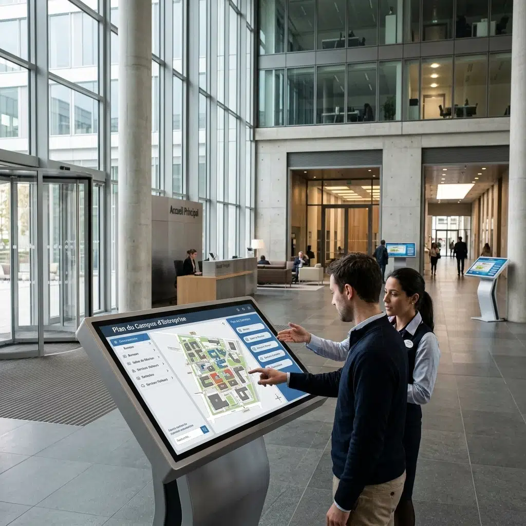 Wayfinding touch digital signage inside multinational company office Paris France