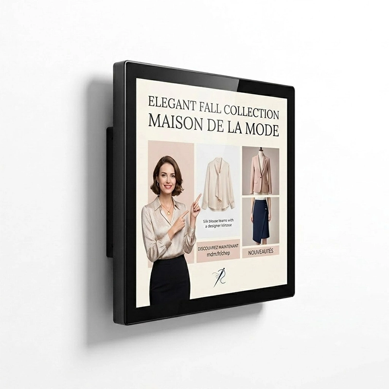 Wall mounted digital signage display installed above a retail product display wall