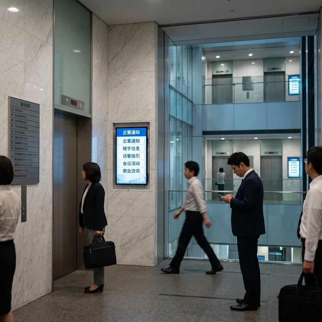 Small size elevator lcd digital signage inside commercial office building Tokyo Japan