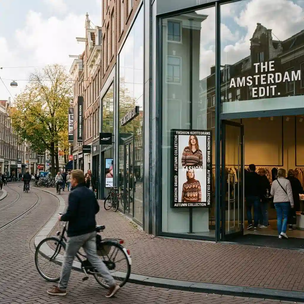 Window facing high brightness digital signage for fashion retail store Amsterdam