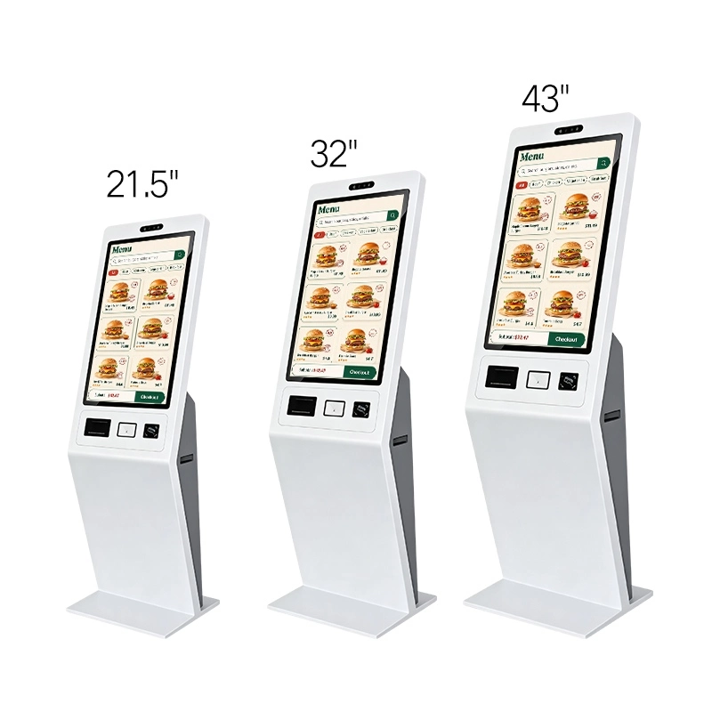 Self‑order kiosk size comparison, 21.5 inch,32 inch,43 inch floor‑standing self‑service ordering touch terminal for fast‑food store`