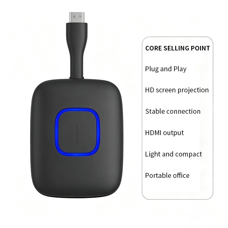 Qtenboard wireless HDMI screen mirroring dongle with core selling points: plug and play, HD projection, stable connection