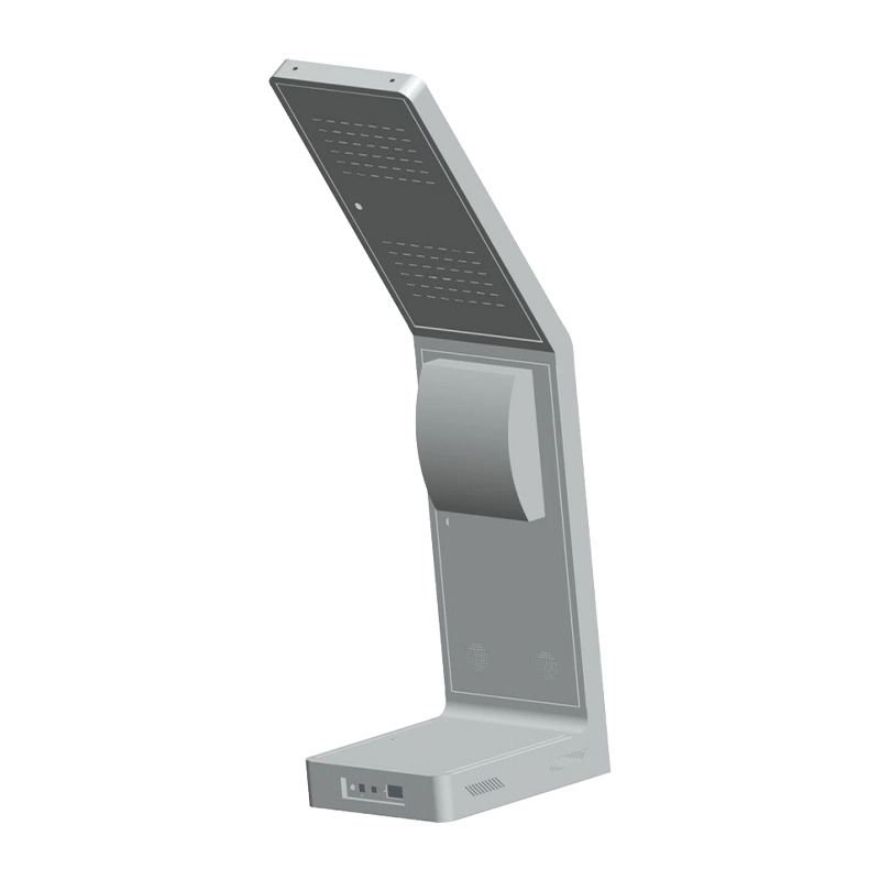 L‑shape self‑service queue calling kiosk rear back view, rear maintenance panel and bottom interface ports
