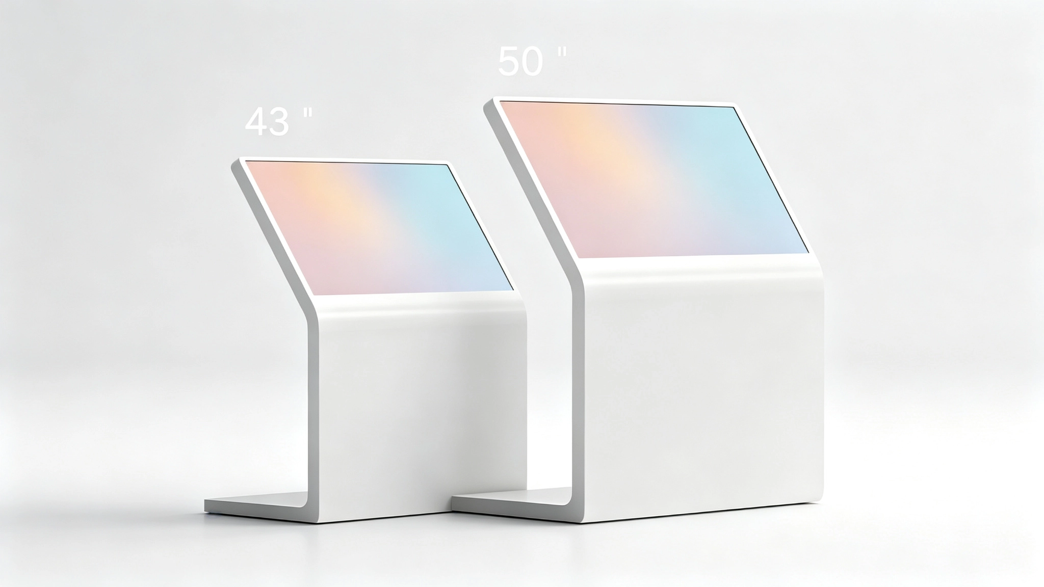 43 inch and 50 inch floor standing kiosk size comparison chart