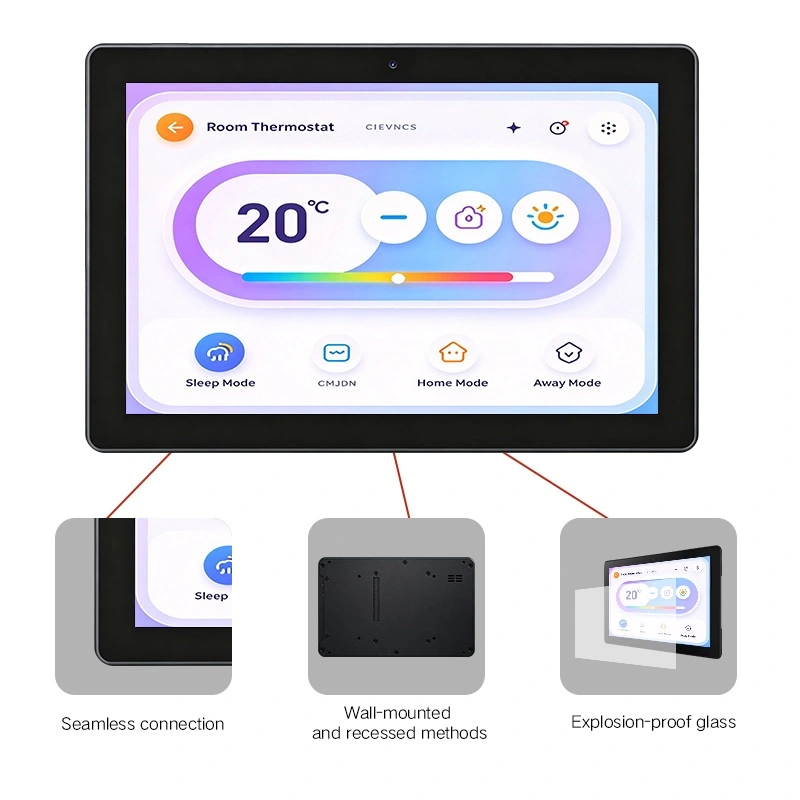 Wall‑mount android smart home control panel, recessed installation, explosion‑proof glass touch screen for room thermostat home automation