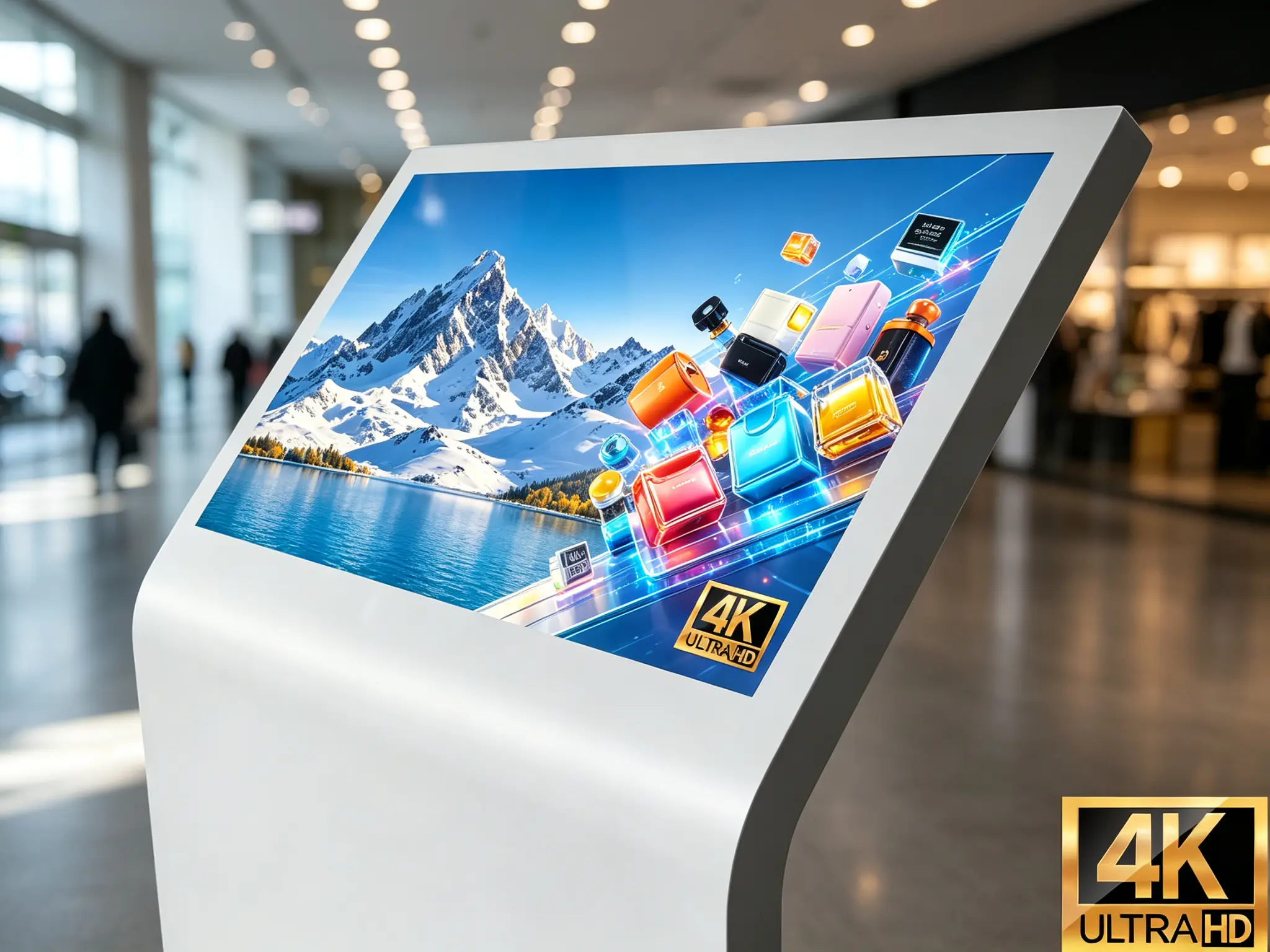 4K ultra HD touchscreen display showing vibrant and detailed commercial content