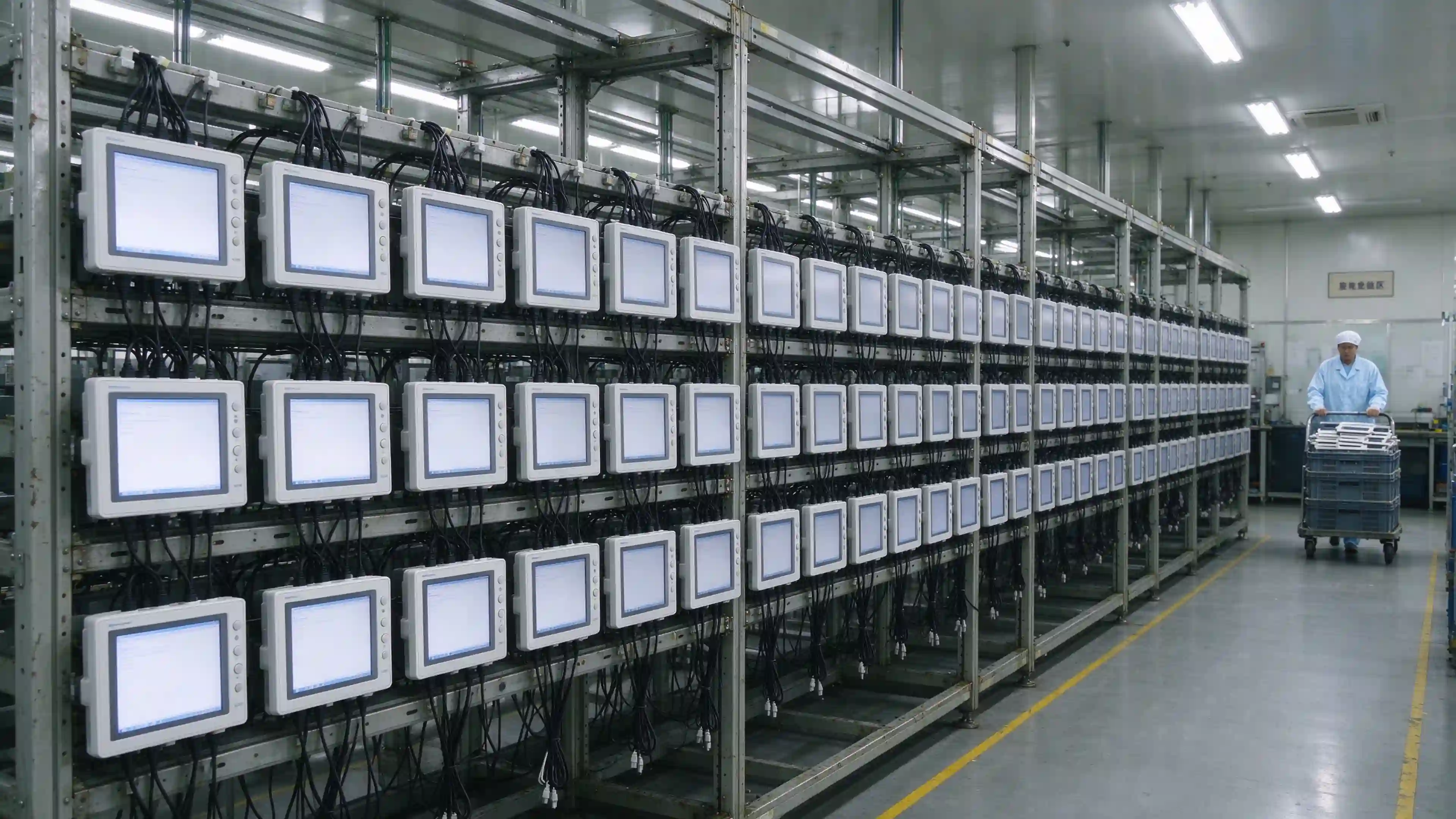 Aging test racks for digital calendar displays before mass production shipment.