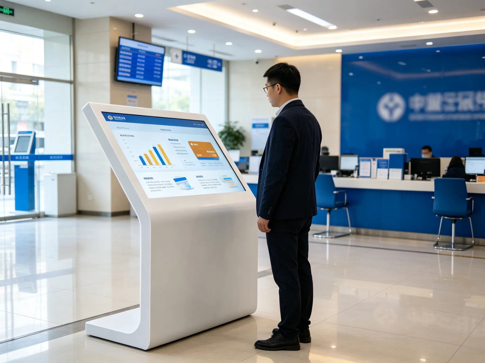 Bank floor standing digital signage for financial product introduction and self-service
