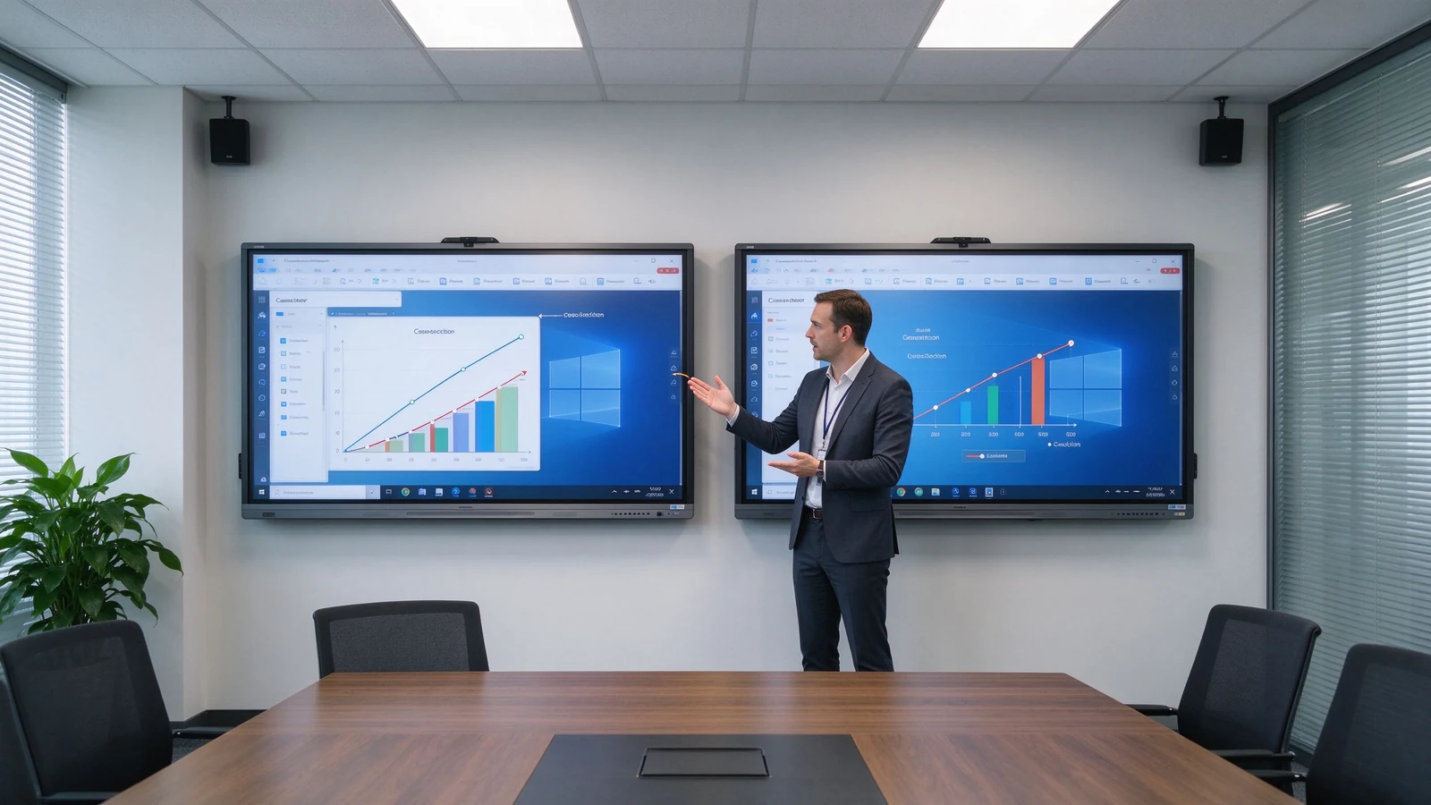 Business buyer comparing 4K and 1080p smart board